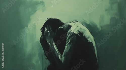 Green painting of a man sitting with his head in his hands, Mental health concept photo
