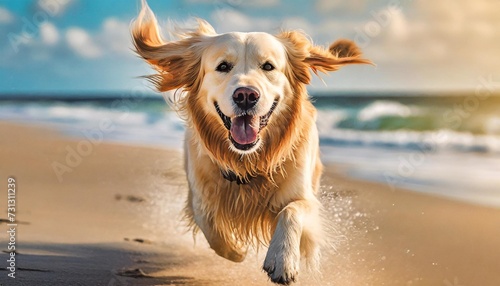 an enchanting 4k wallpaper featuring an award winning photograph of a playful golden retriever running on a sandy beach with its ears flapping in the wind and a big smile on its face