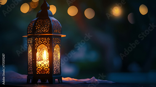 Ornamental Arabic lantern with burning candle glowing at night Ramadan Kareem concept © Uzair