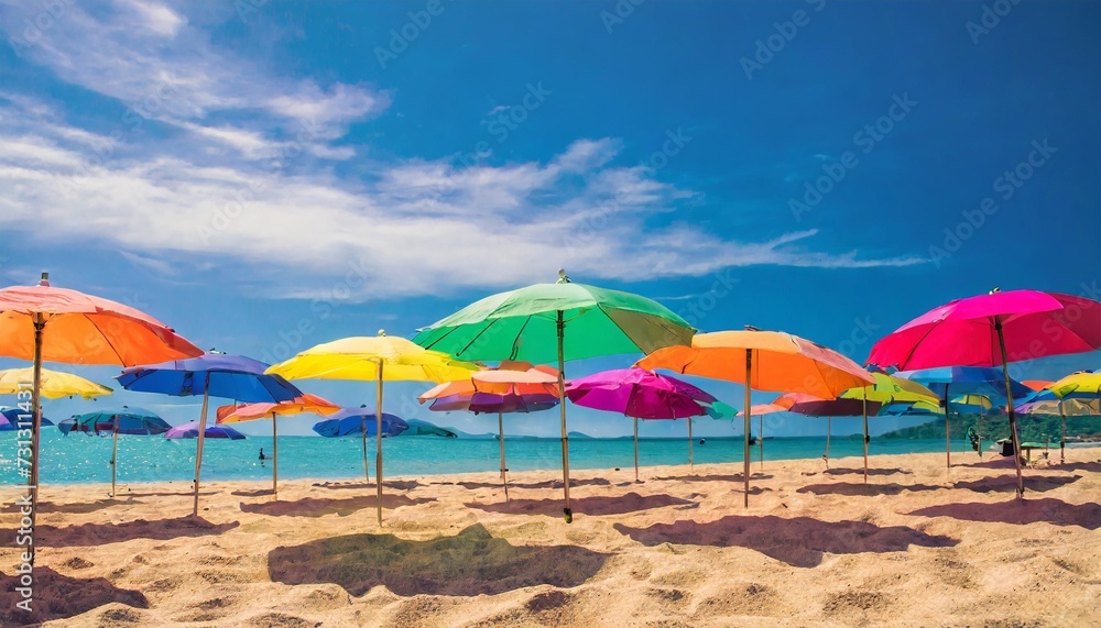 colorful umbrellas pattern on a sandy beach with a bright summer blue sky vacation getaway background