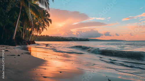 A breathtaking sunset paints the sky in vibrant hues, casting a warm glow over a serene beach. The tranquil scene beautifully captures the harmony of nature and the importance of environment