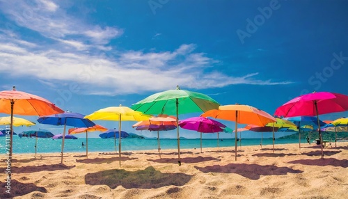 colorful umbrellas pattern on a sandy beach with a bright summer blue sky vacation getaway background