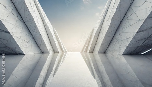 white abstract background with sides covered in triangles and copy space in the middle 3d rendering