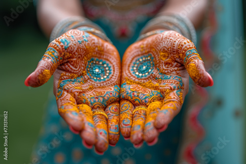 The vibrant colors of Henna adorning the hands of women as they prepare for Eid celebrations, creating intricate and meaningful designs. Concept of festive adornment. Generative Ai.