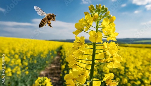 rapeseed blooming branch with flying bee photo