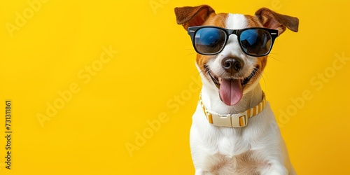 Dog wearing sunglasses. Happy and cool, ready to bring the rizz on a colorful background vacation. photo