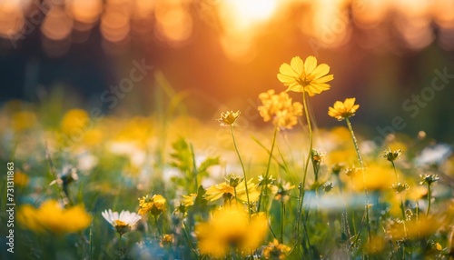 abstract soft focus sunset field landscape of yellow flowers and grass meadow warm golden hour sunset sunrise time tranquil spring summer nature closeup and blurred forest background idyllic nature © Wendy