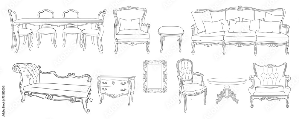 Collection of elegant antique furniture and home interior decorations in trendy vintage retro style. Modern hand drawn black sketch vector illustrations isolated on transparent background.