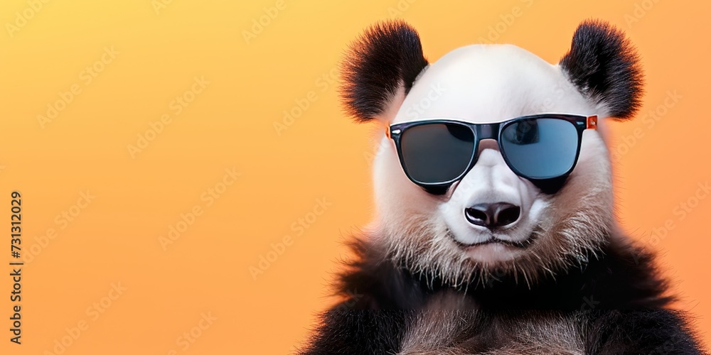 Panda wearing sunglasses. Happy and cool, ready to bring the rizz on a colorful background vacation.