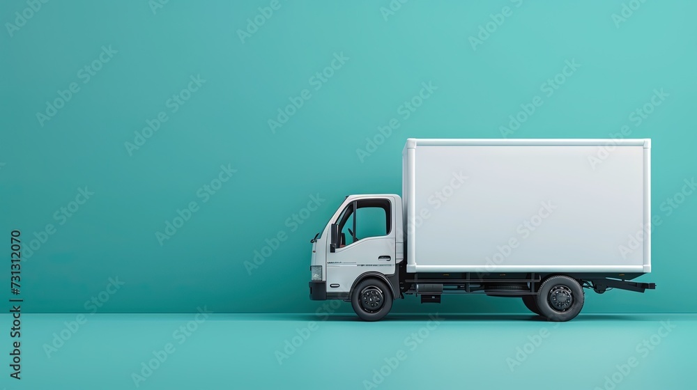 Moving truck concept with blank vehicle on solid teal background Moving truck concept with blank vehicle on solid teal background