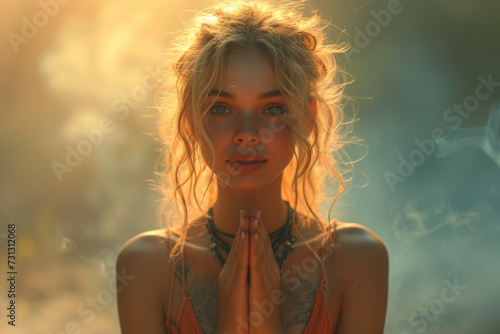 A spiritual woman engaged in prayer and meditation, reflecting on inner peace and connection with the divine. Concept of spiritual serenity. Generative Ai.