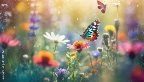 beautiful field of colorful wild flowers and butterflies in the rays of sunlight in summer in the spring a picturesque colorful artistic image with a soft focus bokeh abstract minimalistic print i