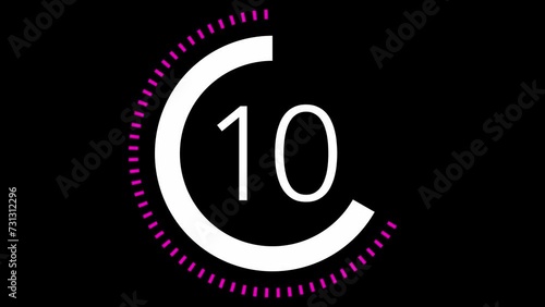 15 seconds dashed line circle countdown timer. Magenta and White on Black background. Stylish simple design, Magena (or purple, pink) colour. Vehicle or machine part concept photo