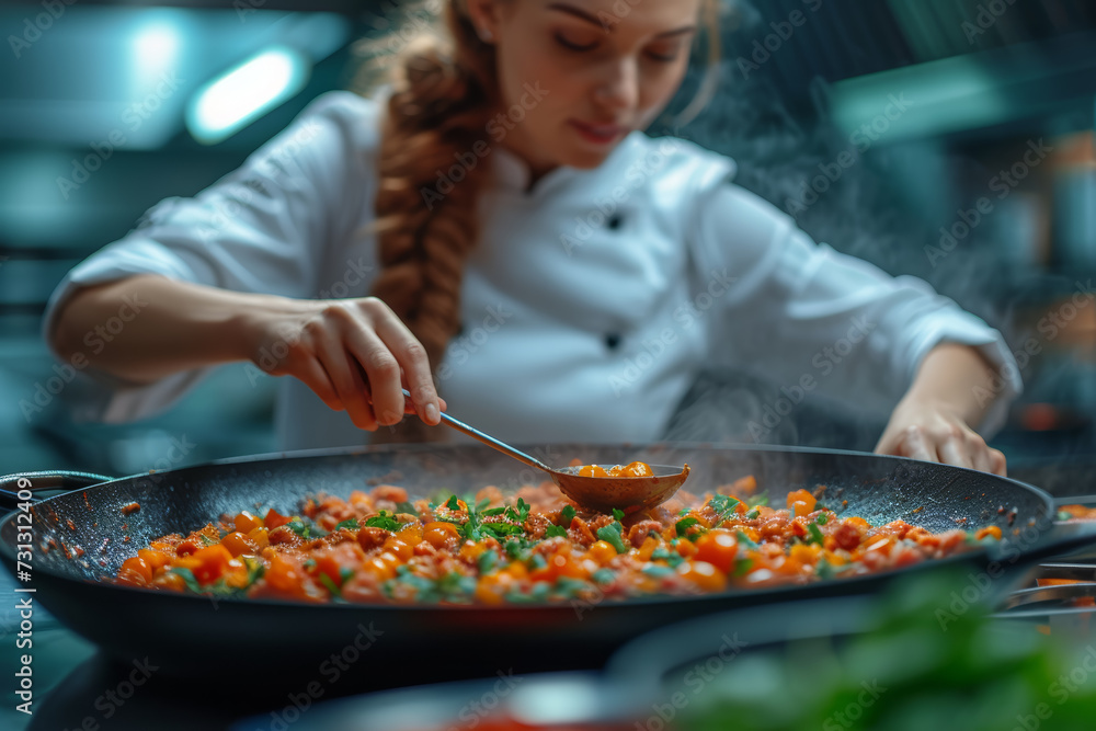 A woman chef passionately preparing a gourmet dish, showcasing culinary artistry and creativity in the kitchen. Concept of gastronomic excellence. Generative Ai. A woman chef passionately preparing a gourmet dish, showcasing culinary artistry and creativity in the kitchen. Concept of gastronomic excellence. Generative Ai.