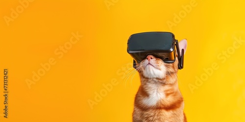 Happy cat wearing virtual reality VR headset isolated on solid background with blank copy space for technology, metaverse, and extended reality concept. photo