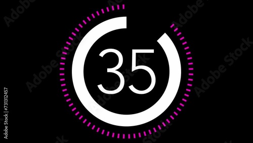 40 seconds dashed line circle countdown timer. Magenta and White on Black background. Stylish simple design, Magena (or purple, pink) colour. Vehicle or machine part concept photo