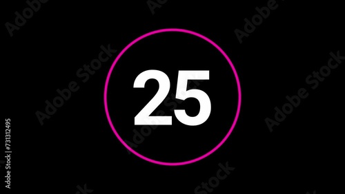Stylish 30 seconds magenta and white countdown timer on black bg. Circle shaped smooth animated indicator. Magena (or purple, pink) and white colour on black background. photo