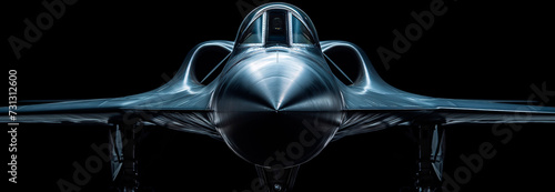 Fotografia en clave baja de un avión de combate moderno con fondo negro.