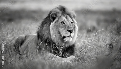male lion in the grass monochrome
