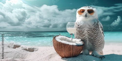 Snow owl wearing sunglasses and drinking from coconut on the tropical beach vacation. Spring break and summer vacation concept photo