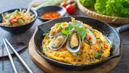 popular thai street food fried oyster omelette served on iron pan with spicy sauce chinese food in thailand