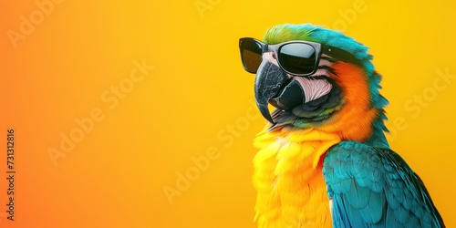Parrot (Macaw) wearing sunglasses on colorful background for summer vacation concept