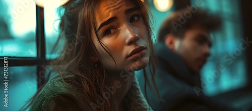 Emotive portrait of a young woman looking away with a blurry man in the background. cinematic street scene. artistic and moody atmosphere. AI