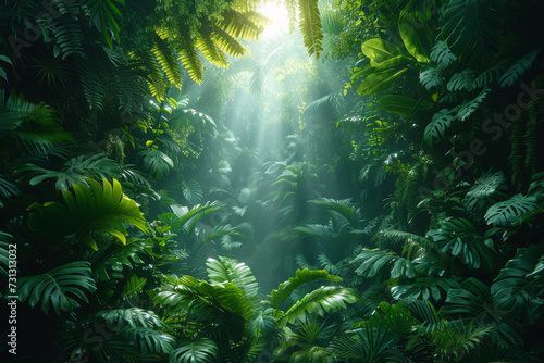 A lush tropical forest canopy, teeming with vibrant flora and fauna, capturing the essence of biodiversity and ecological harmony. Concept of thriving ecosystems. Generative Ai. © Sebastian
