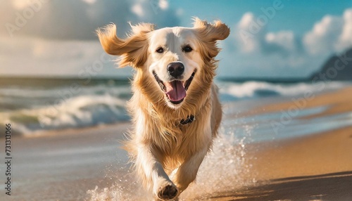 an enchanting 4k wallpaper featuring an award winning photograph of a playful golden retriever running on a sandy beach with its ears flapping in the wind and a big smile on its face photo