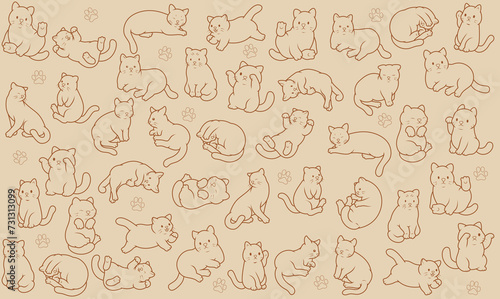 Cats on beige background. Illustration of many cats in different poses. Painted cute kittens. Background with cats and paw prints. Funny pets.