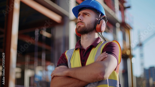 A construction worker with a blue safety helmet and reflective vest stands with crossed arms, looking intently at a construction site.