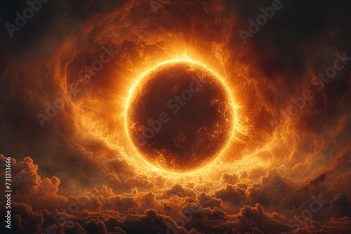 A celestial eclipse, with the moon partially covering the sun, creating a cosmic spectacle that symbolizes the beauty of celestial events. Concept of astronomical phenomena. Generative Ai.