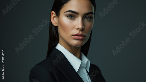 A confident, determined woman in her thirties, exuding professionalism and determination. Her sleek, straight hair perfectly complements her crisp and professional attire, showcasing her ded photo