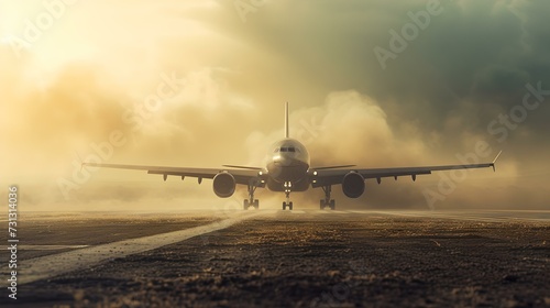 A majestic airplane landing at dusk, golden hour lighting. travel and aviation. commercial jet on runway. AI