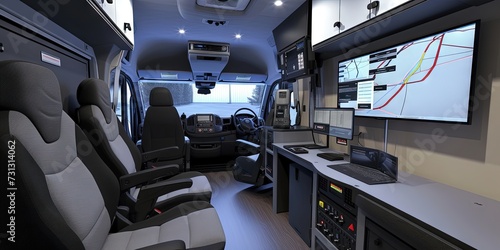 Interior of a high-tech van for FBI surveillance  police  and news van purposes. Concept design filled with electronics and monitoring equipment to serve as mobile base