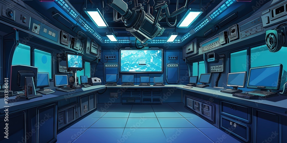 Interior of a high-tech van for FBI surveillance, police, and news van purposes. Concept design filled with electronics and monitoring equipment to serve as mobile base - obrazy, fototapety, plakaty 