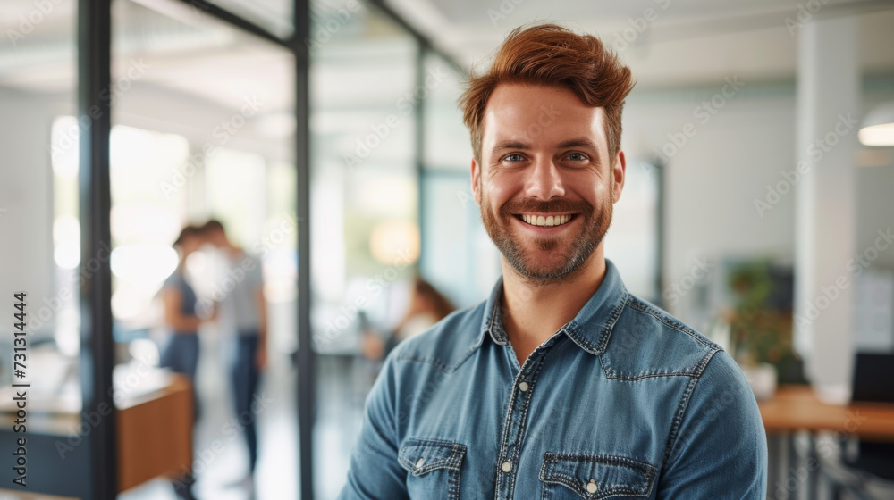 A confident man stands with arms crossed in a modern office environment, embodying leadership and professionalism with his team in the background. A confident man stands with arms crossed in a modern office environment, embodying leadership and professionalism with his team in the background.
