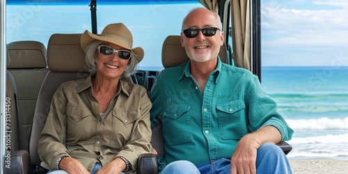 Happy couple traveling on the road together. Sightseeing on the open road while traveling across the country. Driving freeways and highways while living in the recreational vehicle photo