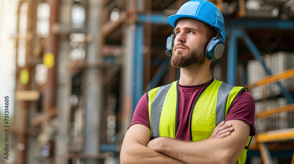 A construction worker with a blue safety helmet and reflective vest stands with crossed arms, looking intently at a construction site. A construction worker with a blue safety helmet and reflective vest stands with crossed arms, looking intently at a construction site.