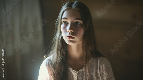 A bashful 14-year-old girl with a sweet, hesitant smile. Adorned with long, silky straight hair, her gentle expression complements her timid demeanor. photo