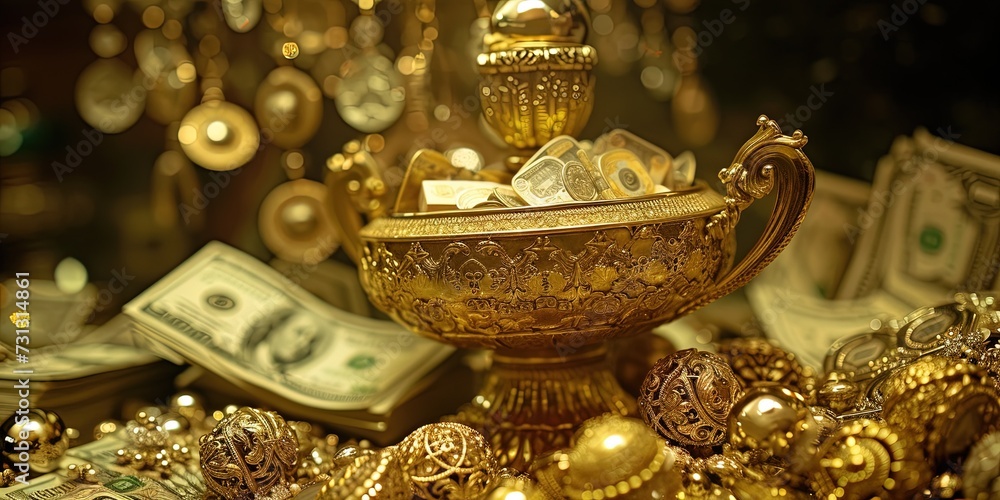 Golden treasure stacked with riches to show great wealth