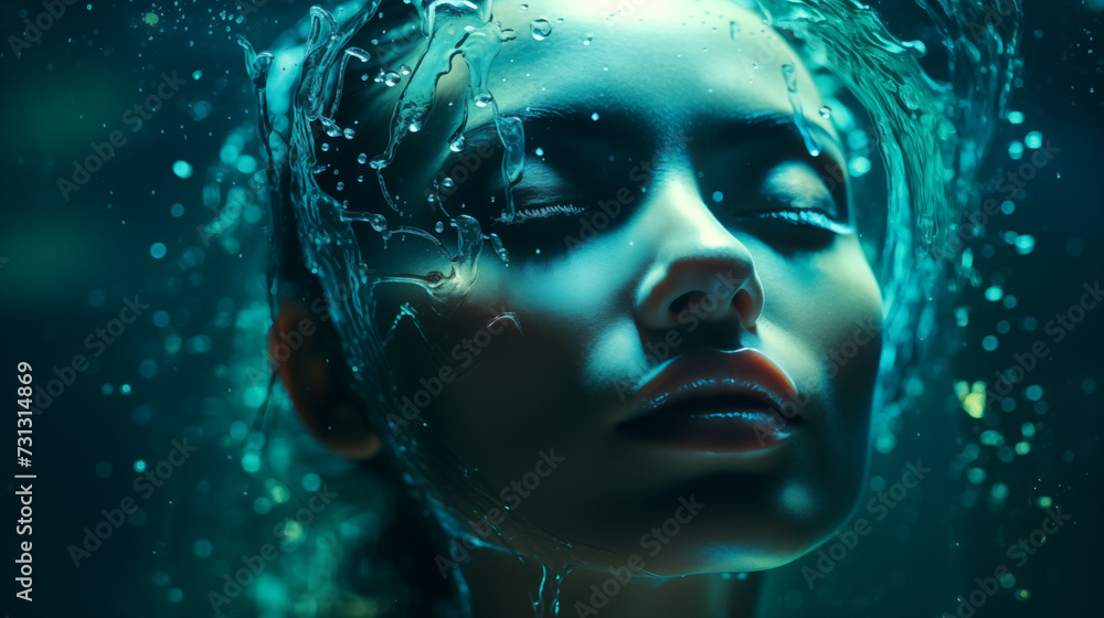 Gesicht einer Frau mit geschlossenen Augen mit Wasser gerahmt. Ruhige kühle Stimmung. Illustration