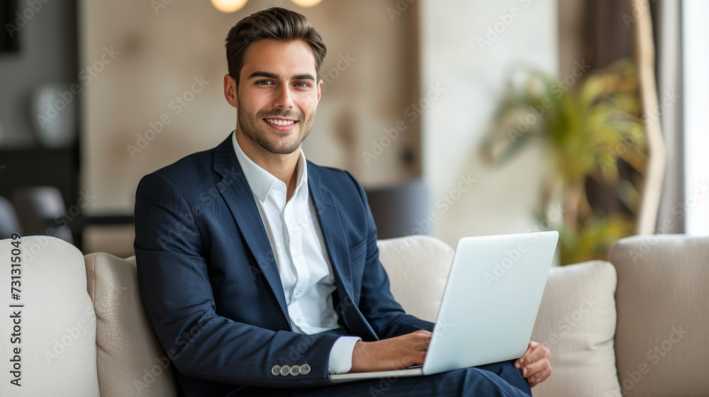 A professional dressed in a business suit is attentively using a laptop while comfortably sitting on a couch, indicating a blend of formal attire with a relaxed remote working environment. A professional dressed in a business suit is attentively using a laptop while comfortably sitting on a couch, indicating a blend of formal attire with a relaxed remote working environment.