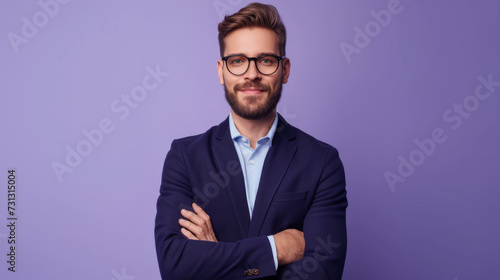 a smiling person wearing glasses and a suit, standing with arms crossed in front of a purple background, exuding confidence and professionalism