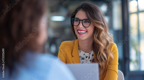 Mulher conversando em uma reunião no escritorio