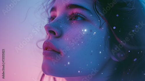 Womans Face Close-up With Stars in Background photo