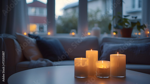 Three Lit Candles on Table in Front of Couch