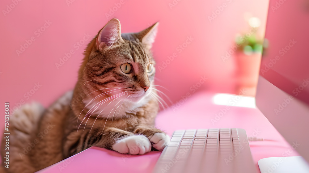 Cat Sitting on Desk Next to Laptop