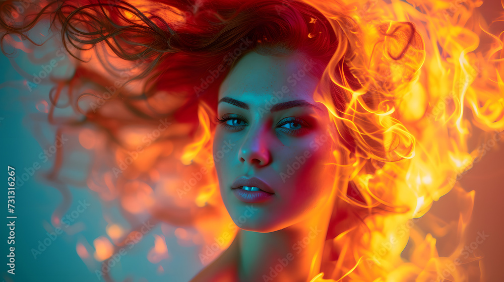Woman With Red Hair and Blue Eyes Surrounded by Fire