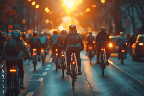 An urban cycling event, with cyclists navigating city streets, promoting an active and eco-friendly lifestyle. Concept of urban cycling. Generative Ai. © Sebastian